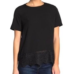 J.Crew Black Ruffle Lace Hem T-Shirt Short Sleeve Crewneck Knit Top - Size XS